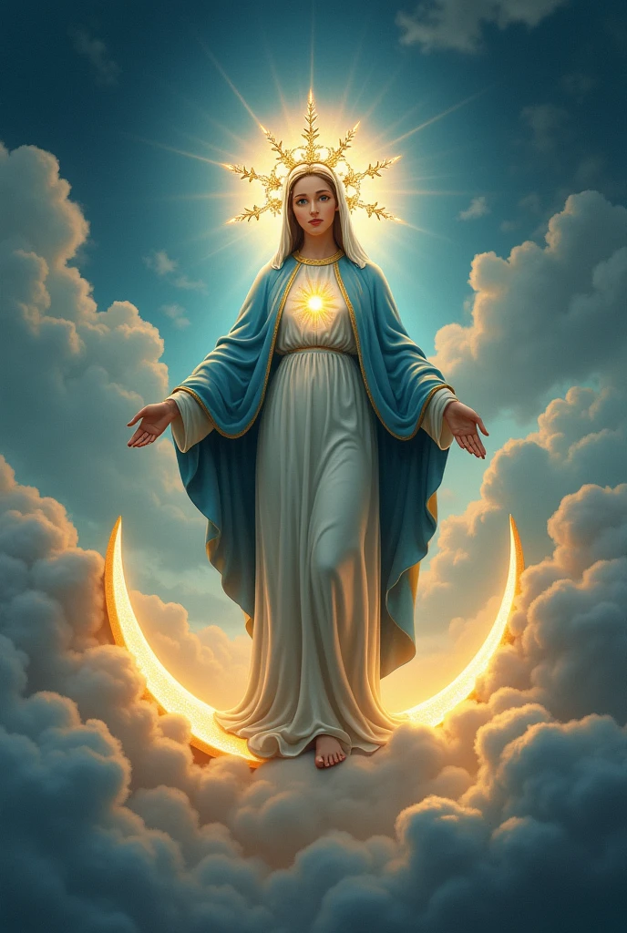 A drawing of the Virgin Mary, with the moon under his feet, with a crown of 12 stars and that has the face of the Virgin of Las Lajas and that has the arms in a position to give a hug