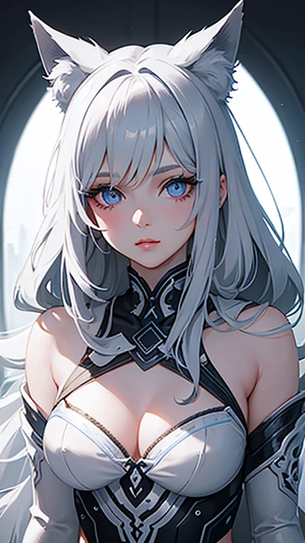 a young wolf-girl, beautiful detailed eyes,, extremely detailed face, long eyelashes, in a high-tech room, wearing simple white clothes, ,cinematic lighting,vibrant colors,digital art,concept art,intricate details,highly detailed