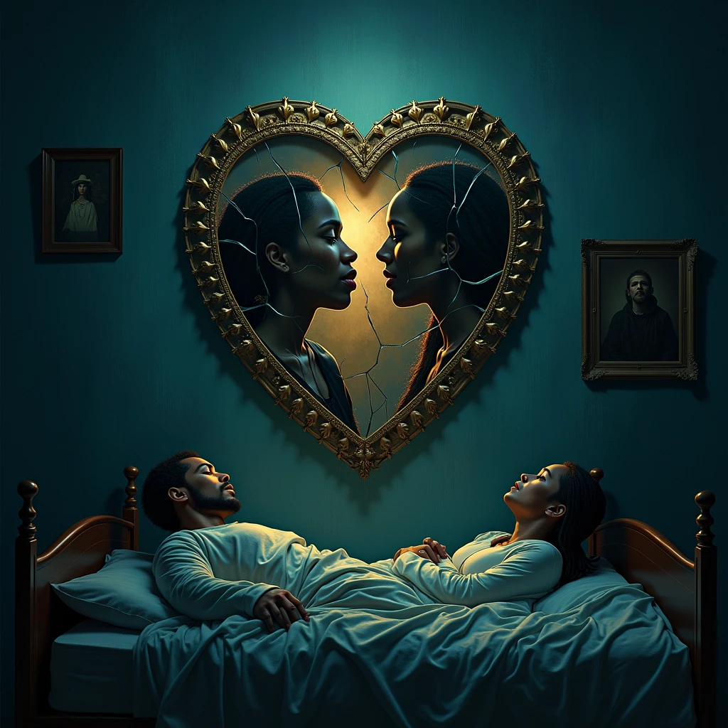 "Create a moody and evocative album cover for a reggae song, capturing the duality and complexity of love. The cover must include:
center image: A broken or cracked mirror, reflecting a person (or two) with expressions of love and sadness, symbolizing the reflection and contrast between true love and lies.
Heartbroken: A broken heart in a dramatic and worn style, representing pain and pride. The heart may be surrounded by shadows or a dark aura.
night scenery: A night scene with an unmade bed and a person lying down, looking at the ceiling, to evoke solitude and introspection. Add a nearby mirror or a portrait on the wall.
surrealist style: Incorporate surreal elements, like a mirror reflecting a different image of reality, or a dream scenario, to capture the difference between the appearance of love and the painful reality.
Paleta de cores: Use dark and cool tones (cerulean, gris, blackw) combined with touches of warm or metallic colors (doradas, bronze) to reflect melancholy and pride.
Reggae Elements: Add patterns or symbols associated with reggae, but keep the overall design dark in tone to reflect the melancholic nature of the lyrics.
Art should convey a sense of deep reflection and emotional pain., with a touch of reggae style."