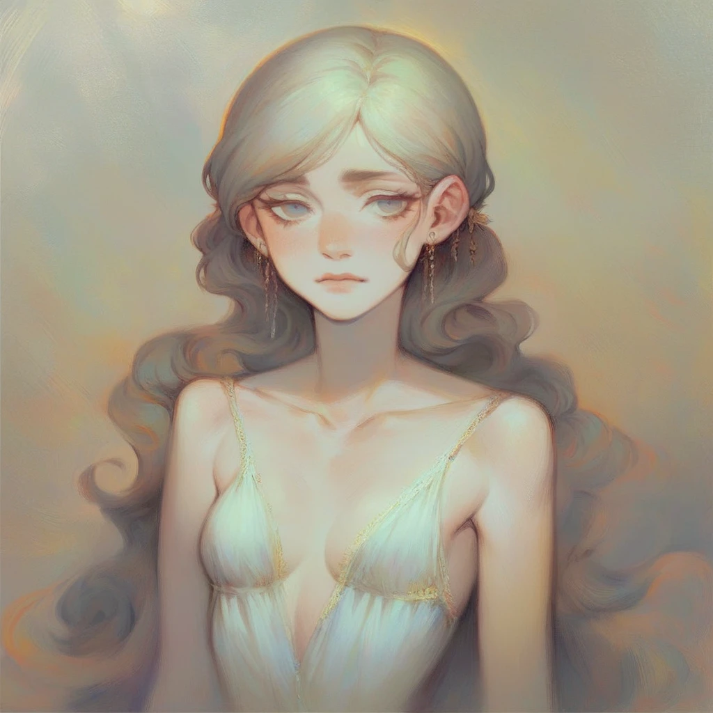 A pale-skinned, emaciated anime girl with prominent bones, small breasts, and a delicate frame. Her physique exhibits a sense of fragility and ethereal beauty. Her eyes are large and expressive, reflecting a hint of melancholy. Her hair is long and flowing, cascading down her slender shoulders. The background is a minimalist dreamscape with soft, muted colors, enhancing the overall feeling of vulnerability and otherworldly charm. She is adorned with a simple white dress, emphasizing her purity and innocence. The lighting is soft and diffused, creating gentle shadows that accentuate her delicate features. Her pose is slightly melancholic, with a gentle tilt of her head and a wistful expression.