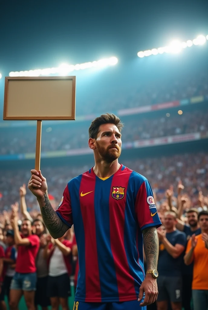 messi with a blank sign in his hand