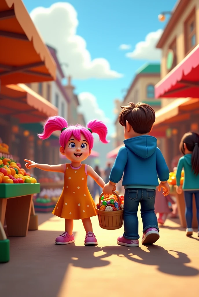 I want you to create an image with roblox characters in a market doing family shopping