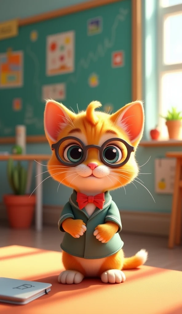 Perfect centering, Looking at the camera, a close up 2/3 of a cartoon kitten wearing a school uniform, 3 d animation demo reel, 3d animation, 3 d animation, 3 d animated movie, 3d animated, 3 d animated, tv commercial, clay animation, cgi animation, cute! c4d, cute 3 d render, pixar 3 d animation style, in a classroom 4 k, 3 d cartoon