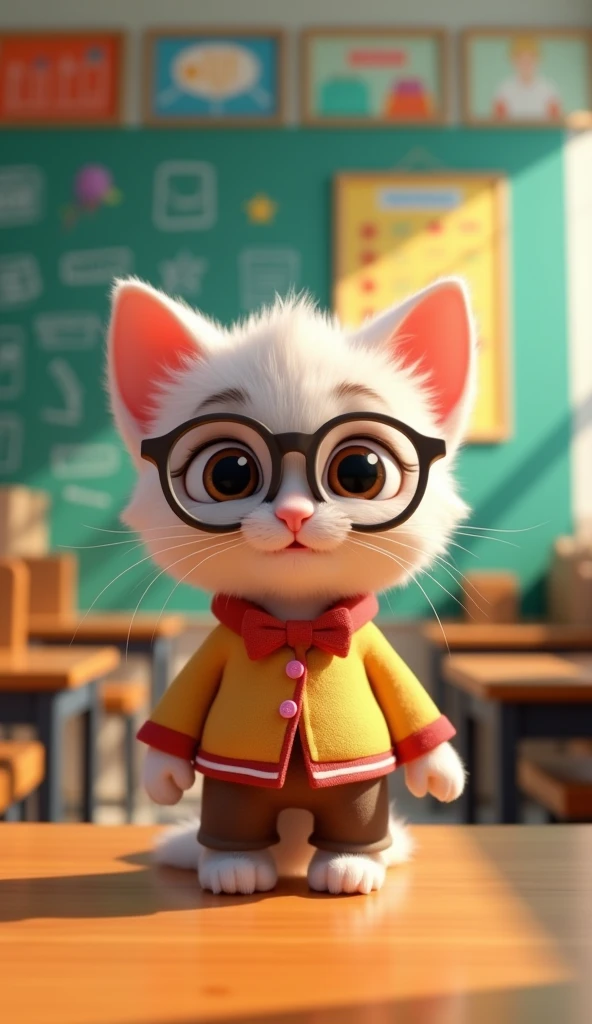 Perfect centering, Looking at the camera, a close up 2/3 of a cartoon kitten wearing a school uniform, 3 d animation demo reel, 3d animation, 3 d animation, 3 d animated movie, 3d animated, 3 d animated, tv commercial, clay animation, cgi animation, cute! c4d, cute 3 d render, pixar 3 d animation style, in a classroom 4 k, 3 d cartoon