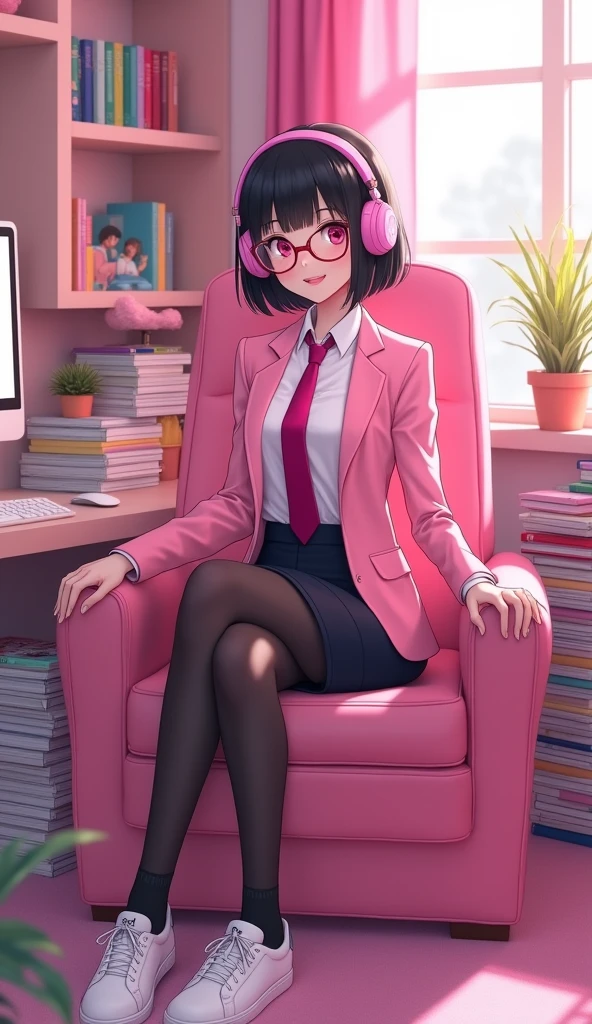 The young woman short black hair and pink eyes wear a pink suit, white shirt, magenta necktie, black pencil skirt, black underpants, black tights, black socks, adidas white sneakers.
She wear glasses and pink gaming headphone, sit on the pink chair, smiled, office pink room, cartoon novel , anime, 4K, HD