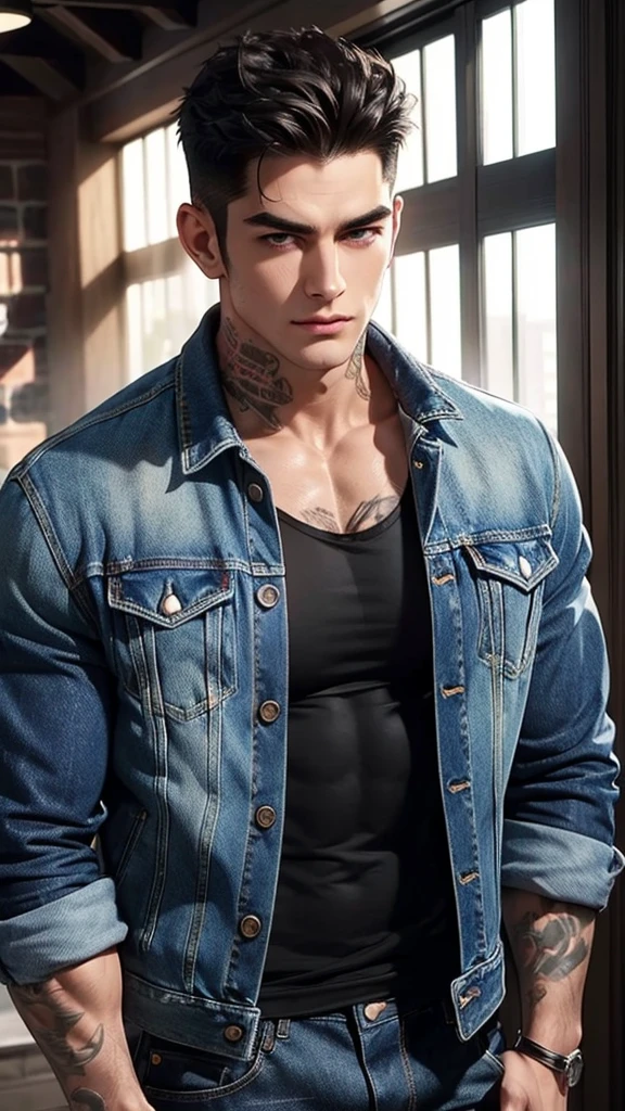a muscular handsome man, detailed face, perfect facial features, smooth skin, sexy expression, short black hair, looking at the viewers romantically, sexy gaze, large chest, denim jacket, jeans, tattooed chest, opening his jacket to let us look at his body,
