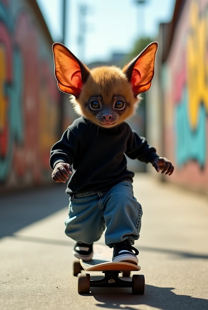 Baby bat on skateboard wearing wide jeans , a black shirt and black Adidas superstars