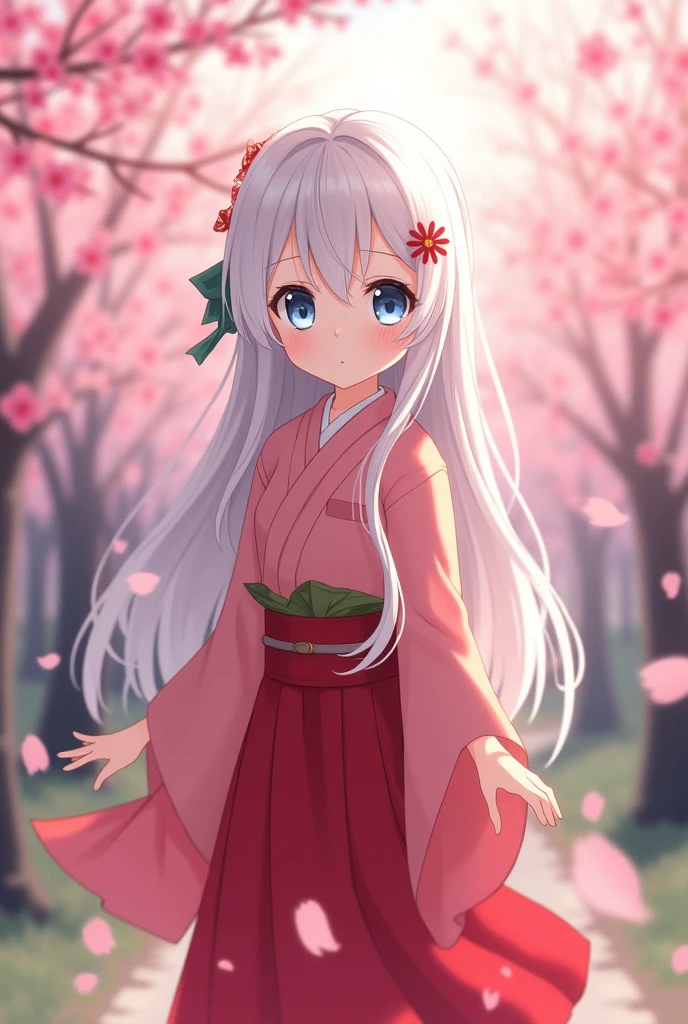 Cute girl she wearing light red haori and white uniform white long hair blue eyes big boobs