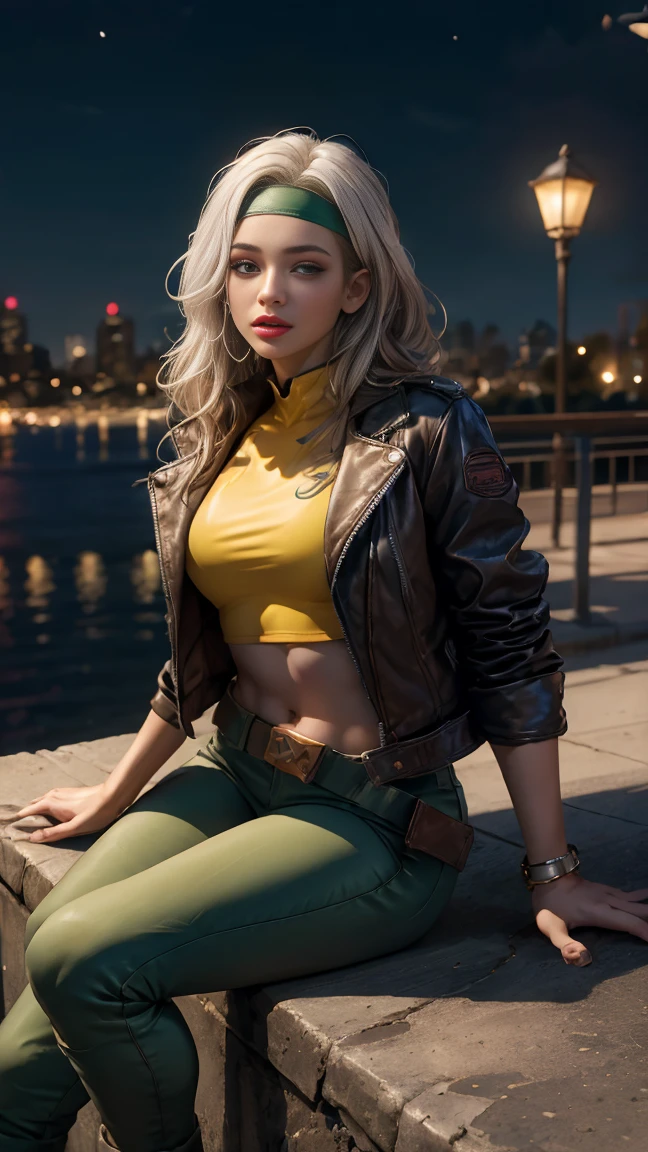 (Highly quality, masterpiece, detailed), night city detailed scenario, night city detailed background, 20 years old girl, solo, multi colored hair, white hair, brown hair, Superhero, Rogue, Xtreme, blue eyes, jacket, open clothes, belt, open jacket, headband, cropped legs, leather, leather jacket, green pants, yellow pants, yellow leather top, green leather top, crop top, sitting on top of a building, navel, perfect face, beautiful eyes, perfect eyes, looking at the viewer, Sexy pose (tongue out, Ahegao)