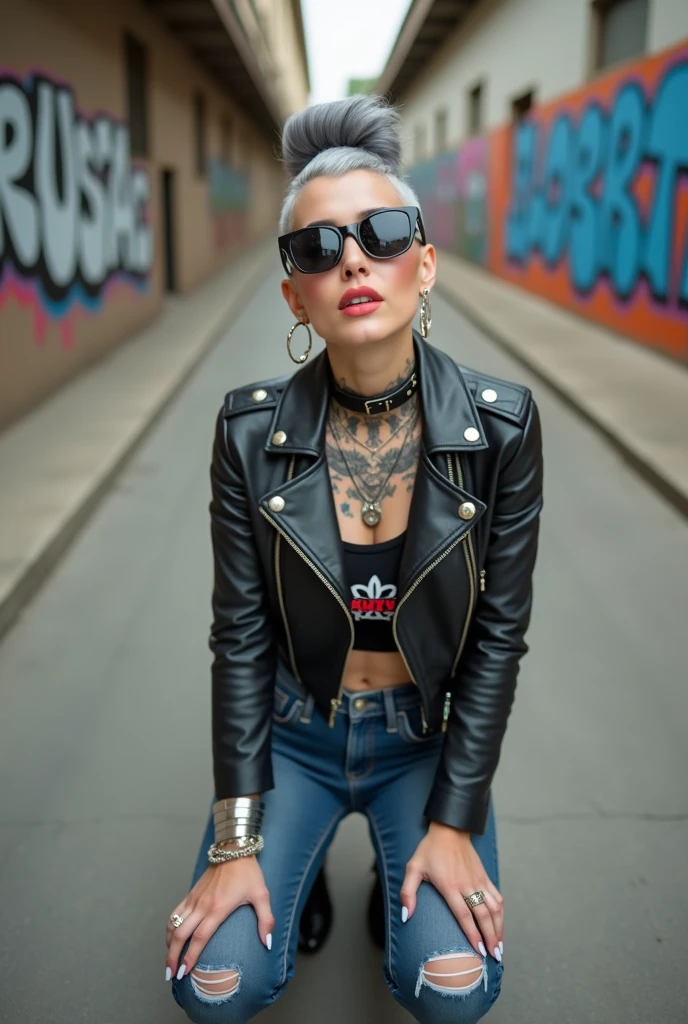 russian old milf woman, grey hair (top bun, shaved sides), wearing sunglasses as (big maxi sunglasses), bandana as headband, with very light blue eyes, extremely pale. Wearing cropped padded black moto jacket with lots of zippers and badges on jacket flaps, cropped t-shirt with big motorcycle club logo, dark blue jeans with holes and pointy Chelsea boots with cuban heels . Silicone breasts. Lots of metallic bracelets, long pendants and lots of collars. Tacky leather belt with oversized chanel buckle. Long earrings. Kneeling, looking at the camera, legs spread, tilted head, eyes and mouth wide open in amazement. Hands fixing her hair, toned abdominals, thin legs and thin arms. Tattoed chest, hands, belly and arms.