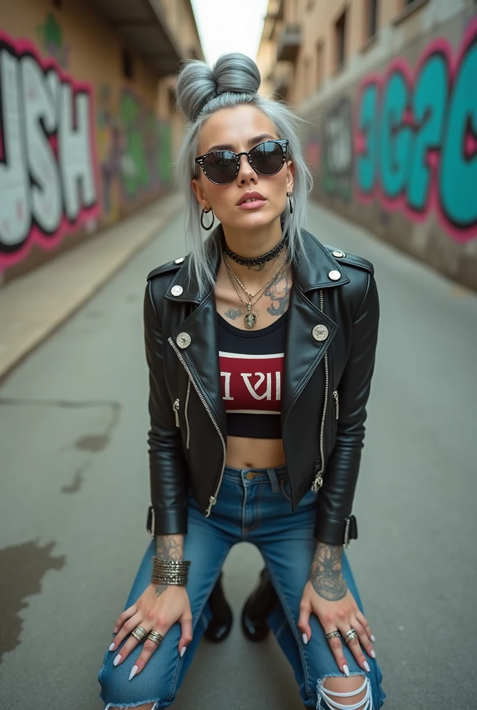 russian old milf woman, grey hair (top bun, shaved sides), wearing sunglasses as (big maxi sunglasses), bandana as headband, with very light blue eyes, extremely pale. Wearing cropped padded black moto jacket with lots of zippers and badges on jacket flaps, cropped t-shirt with big motorcycle club logo, dark blue jeans with holes and pointy Chelsea boots with cuban heels . Silicone breasts. Lots of metallic bracelets, long pendants and lots of collars. Tacky leather belt with oversized chanel buckle. Long earrings. Kneeling, looking at the camera, legs spread, tilted head, eyes and mouth wide open in amazement. Hands fixing her hair, toned abdominals, thin legs and thin arms. Tattoed chest, hands, belly and arms.