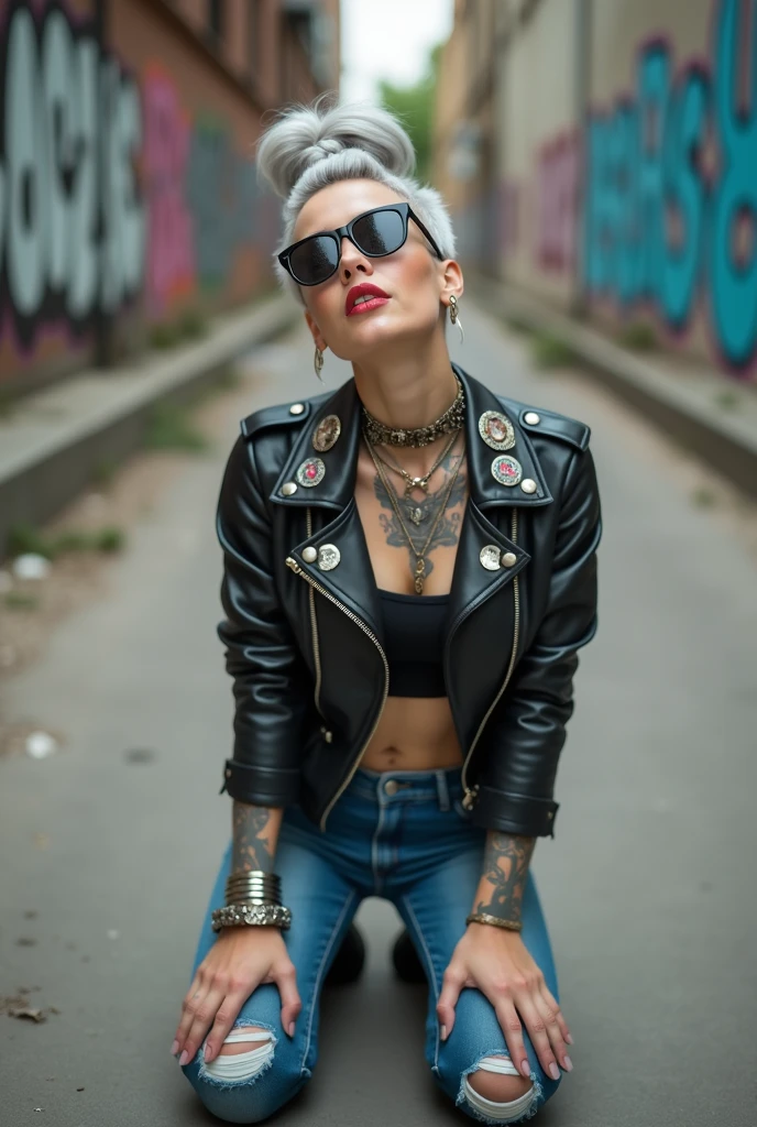 russian old milf woman, grey hair (top bun, shaved sides), wearing sunglasses as (big maxi sunglasses), bandana as headband, with very light blue eyes, extremely pale. Wearing cropped padded black moto jacket with lots of zippers and badges on jacket flaps, cropped t-shirt with big motorcycle club logo, dark blue jeans with holes and pointy Chelsea boots with cuban heels . Silicone breasts. Lots of metallic bracelets, long pendants and lots of collars. Tacky leather belt with oversized chanel buckle. Long earrings. Kneeling, looking at the camera, legs spread, tilted head, eyes and mouth wide open in amazement. Hands fixing her hair, toned abdominals, thin legs and thin arms. Tattoed chest, hands, belly and arms.