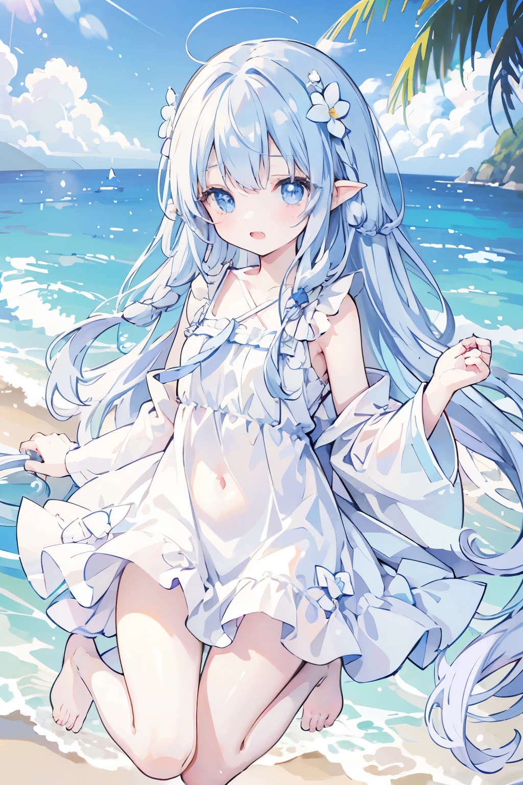 anime、pastel、Very young、child、、Very short、Open your mouth、Laugh out loud、Showing teeth、Double teeth、pastelホワイトの髪、Stray hair、Braided Short、Flower Hair Ornaments、fluffy ears、Dropped ears、Fluffy tail、azure blue eyes、Odd Eye、Cute eyes、Wide open eyes、Light in your eyes、Cheeky cheeks、Slender body、Light clothing、White dress、Put your arm out、Thighs、Outdoor、Cute Girlfriend、happy、Frolic innocently、barefoot、Frolic on the beach、Splashing water on each other