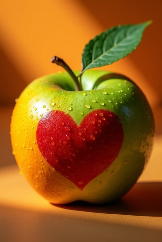 Sophisticated image of a green apple, an orange joined to a red heart