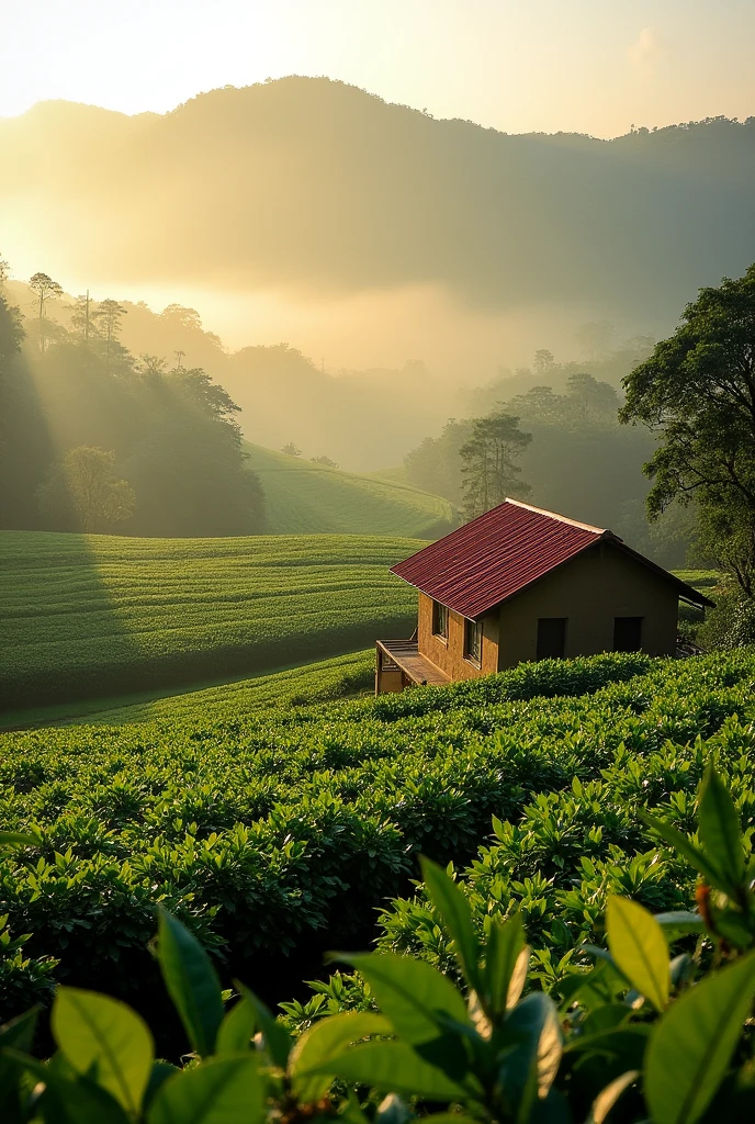 A peaceful rural landscape in Costa Rica, featuring green coffee plantations, rolling hills, and a small adobe house with a red-tiled roof. The scene is bathed in the warm light of early morning, with a soft mist rising from the fields.