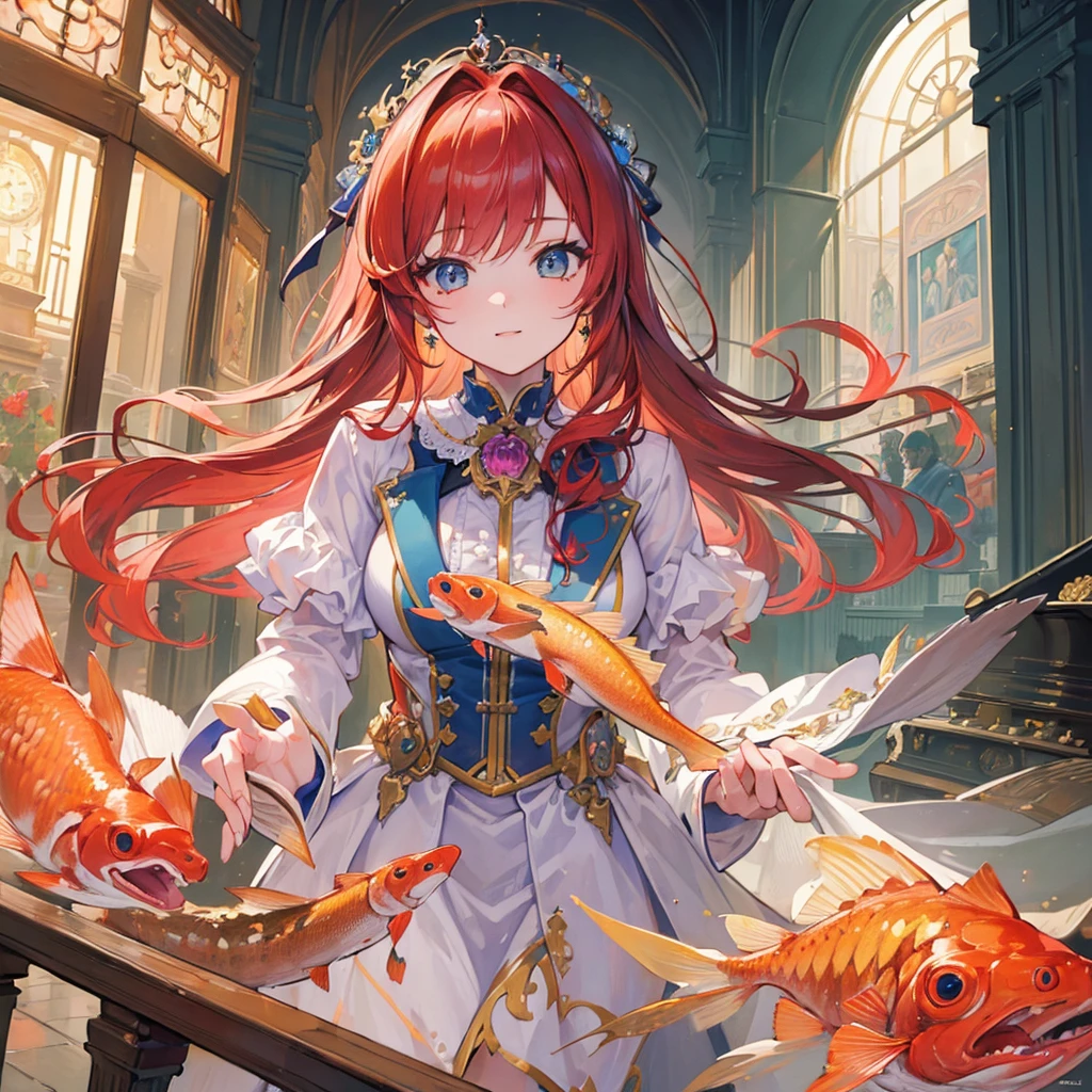 (masterpiece:1.4), (best quality:1.4), extremely detailed, intricate, hyper detailed, (PERFECT FACE), illustration,soft lighting, scenic, 1girl, happy, Vivid auburn hair, colorful, colorized, from_below ,fish_costume , stadium