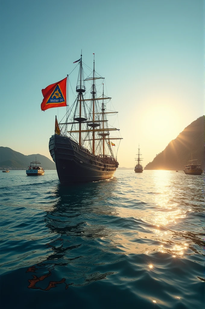 IN THE BACKGROUND A SEA WITH SEVERAL BOATS IN THE CENTER A LARGE BLACK BOAT WITH THE FLAG SAYING BATALHA DO SUL