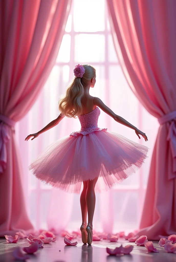 Barbie as a ballerina in a bellerina dress with roses on it. It teh background there are pink curtains and roses