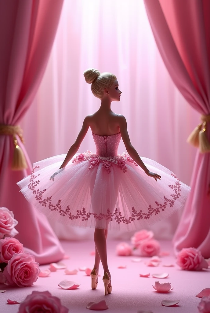 A banner image；poster；The background is a solid color，There is a pair of small ballet shoes in the corner of the picture，Pink ribbon decoration；dream，mystery；Big scene；Golden pink hue。Low saturation；Background pure，Simplicity。Large blank space in the center。