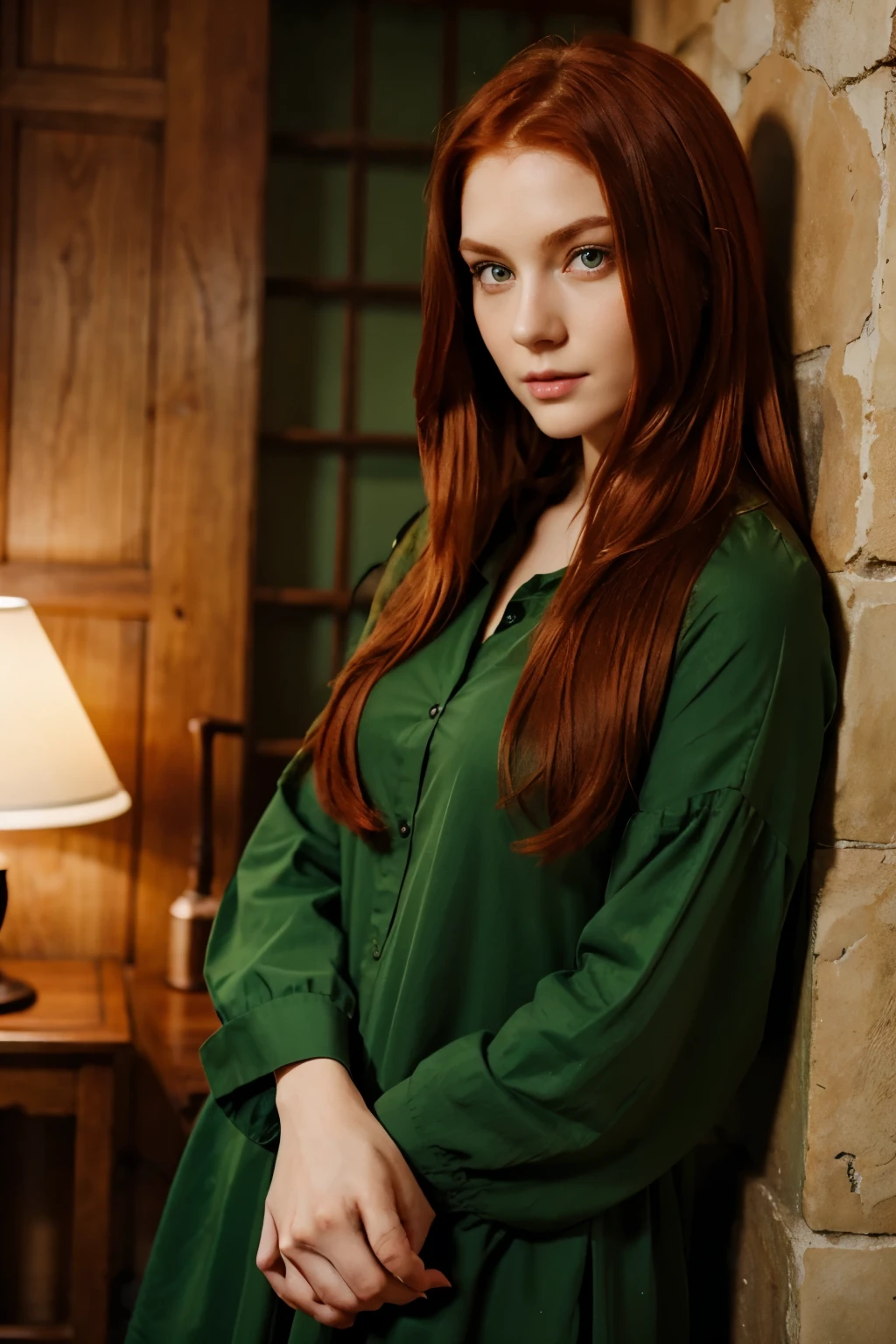 Woman with medium-length red hair and green eyes in beautiful clothes