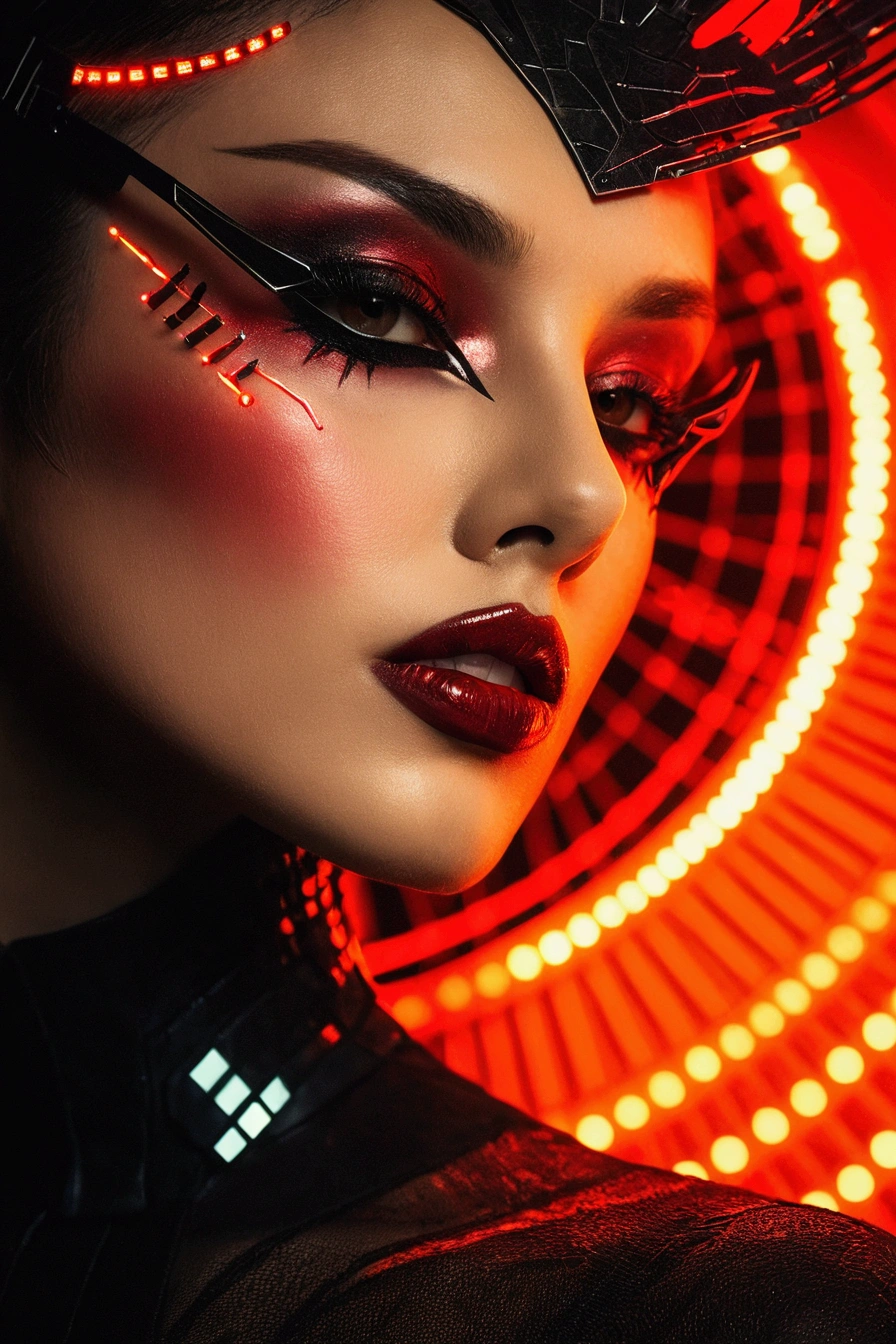 there is a woman with a black and red make up and a red fan, beauty blade runner woman, futuristic woman portrait, beautiful cyberpunk girl face, beautiful cyberpunk woman model, portrait beautiful sci - fi girl, fashionable futuristic woman, dramatic lighting on the face, elaborate lights. mask on face, intricate cyberpunk make - up, captivating glowing lights, futuristic look