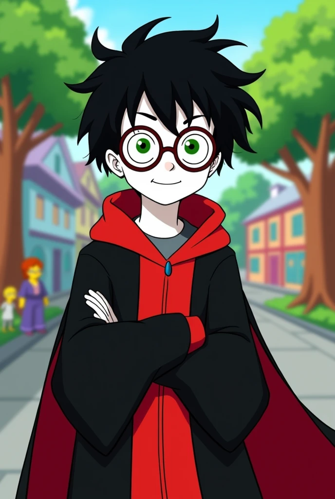 A teenage boy with shaggy black hair round glasses green eyes and white skintine live action with black and red robes on 15 years old in the style of Simposons