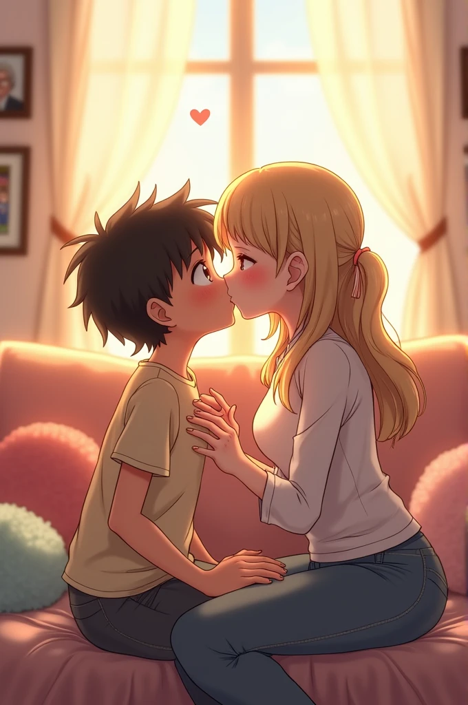 Anime boy and mother kiss Lips 