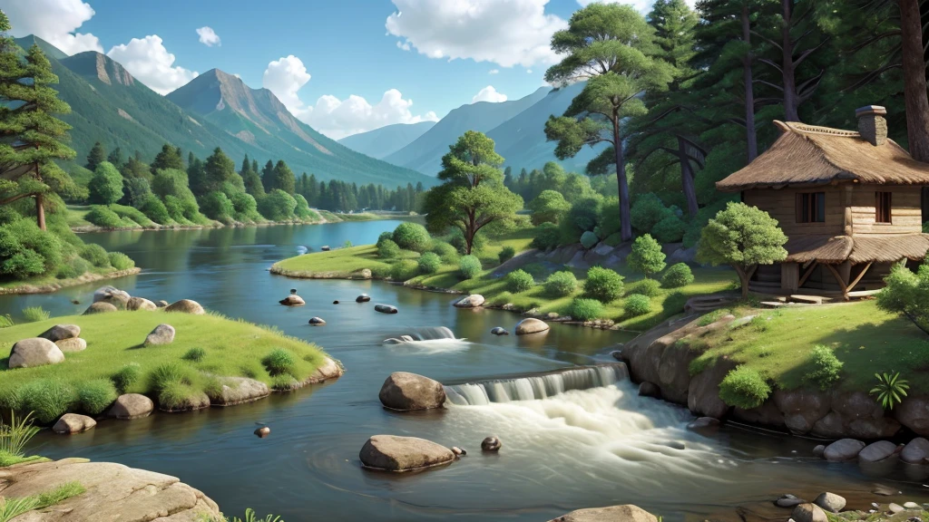 Mysterious natural beauty. River. Mountain. Lake, ancient village, vegetation. Real photo. High definition. 8k