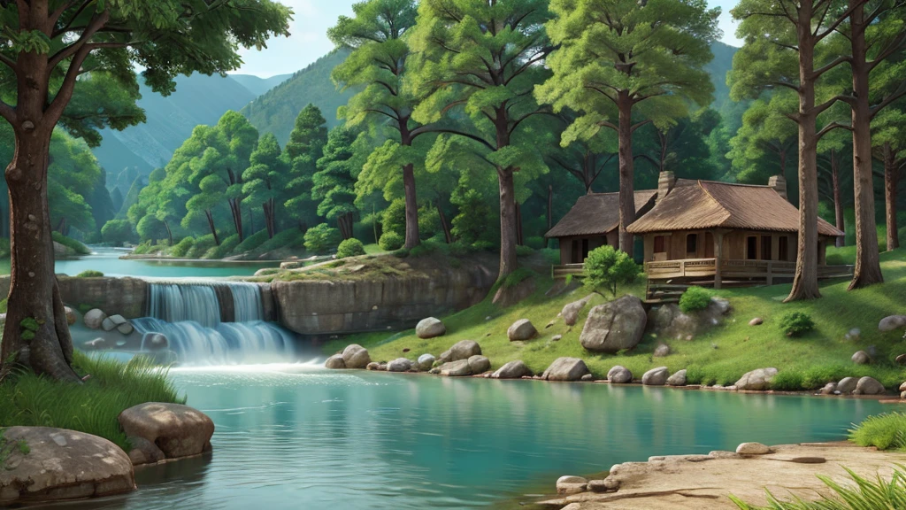 Mysterious natural beauty. River. Mountain. Lake, ancient village, vegetation. Real photo. High definition. 8k