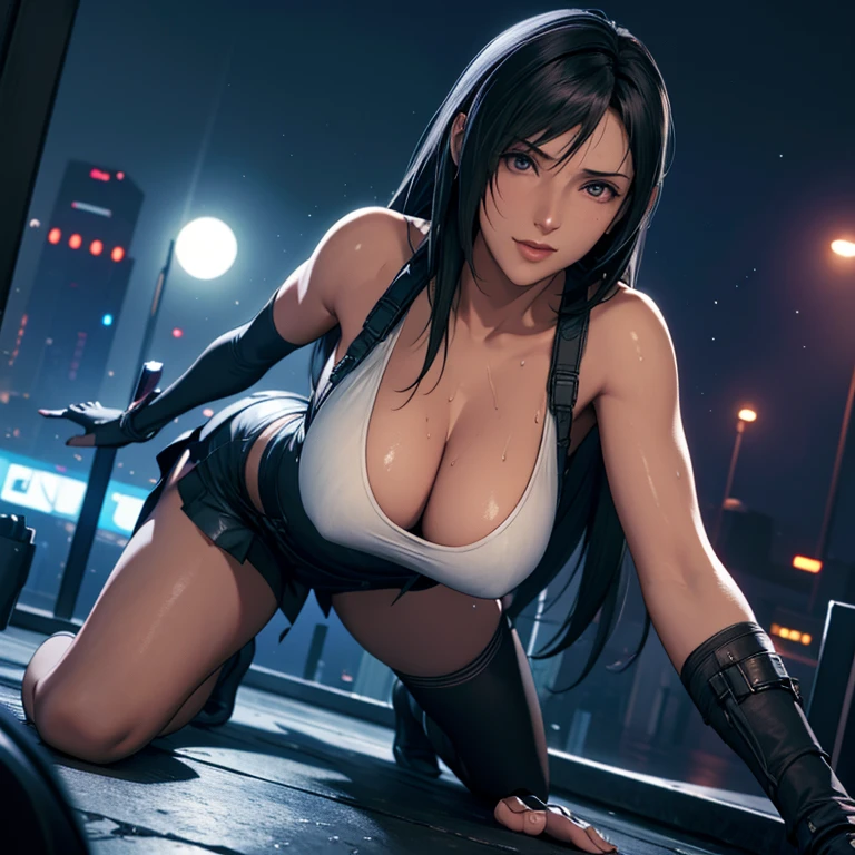  ((Master quality, 8K, masterpiece:1.3, ultra-detailed, high resolution, RAW Photos, detailed , blurry, Actual, hyper realistic, photo, HDR)), BREAK, Anatomically perfect, perfect hands, perfect legs, perfect feet, detailed eyes, BREAK, One person alone, ff7r style, tifa lockhart,, beautiful face, beautiful detailed eyes, (dynamic posing ), long hair, ( Round and Stacked Breasts ), Cleavage, abs, seductive  smile:1.5, Sweat-soaked skin, BREAK, wearing( ), , Graffiti art, BREAK, ( Random Angle, full-body, ), dynamic angle, , background(Realistic , cinematic lighting, depth of field, night , the full moon,, cyberpunk city atmosphere light particles, , )
