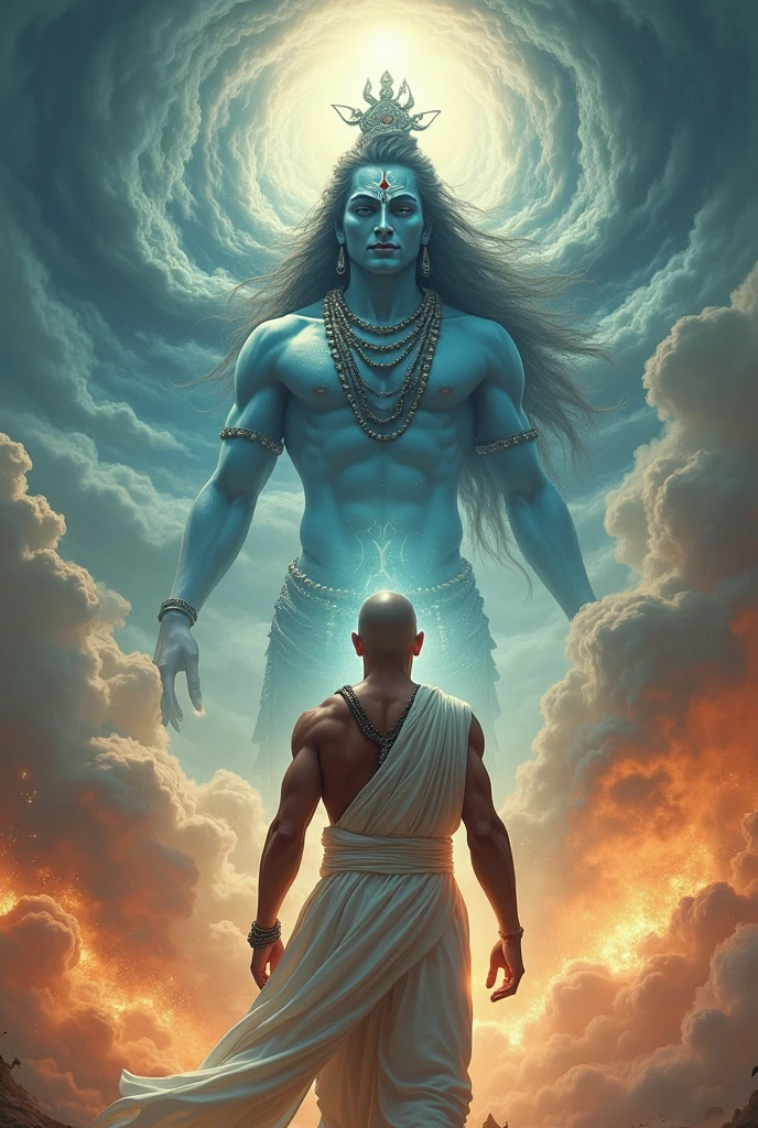 Create the image of the magician Shantih by invoking a Pashupatastra with the following instructions:
#Appearance The wizard Shantih wears ordinary white clothing and a necklace with large beads. (japamala), closely resembling a Buddhist preacher. Furthermore, presents a third eye (bindi) and a great muscular build, which makes others mistake him for a martial artist. He's bald and doesn't have a beard.
Pashupatastra is an astra , a heavenly missile, affiliated with the Hindu deity Shiva , bem como Kali e Adi Parashakti , that can be triggered by the mind, through the eyes, by words or by a bow. Should never be used against lesser enemies or by lesser warriors. (humans), Pashupatastra is capable of destroying creation and defeating all beings. It is one of the six Mantramukta weapons that cannot be resisted..
It is the most powerful astra of Shiva, and the embodiment of his energy and power. When fired, a manifestation of Shiva appears in the sky with a thousand heads., thousand eyes, a thousand stomachs and a thousand feet. Possesses the absolute power capable of annihilating anything, including divine entities and universal creation itself. This weapon had to be obtained directly from Shiva.