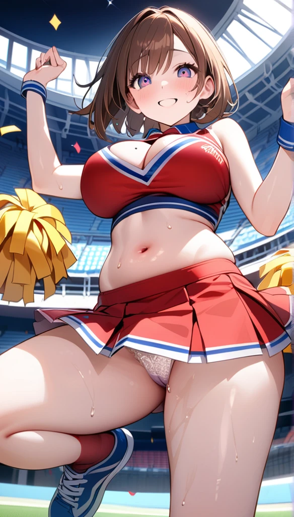 (1 person),(Best image quality, 8k, masterpiece:1.3), Anatomically correct, ((Brown hair bob cut:1.1)),(Swept-apart bangs,), (Cute eyes, Dark Eyes), (Mole under right eye), (thin), (Large Breasts),(Glowing Skin:1.1),(Pale skin:1.2),(Fantasyな雰囲気),(look up),Ultra-high resolution, Textured skin, Sparkle Effect, audienceを見つめる,Fantasy,Big glitter eyes,
Lace panties,Cheerleader,Braid, ribbon, Wet body,Sweat,
Red cheer uniform,mini skirt,pom-pom,Confetti,Outdoor,Stadium,audience,Underarm、Raise your hand,belly button,Cleavage,
Low Angle, Accentuate the crotch,Show your pants,cheer leading,Jumping,
smile,