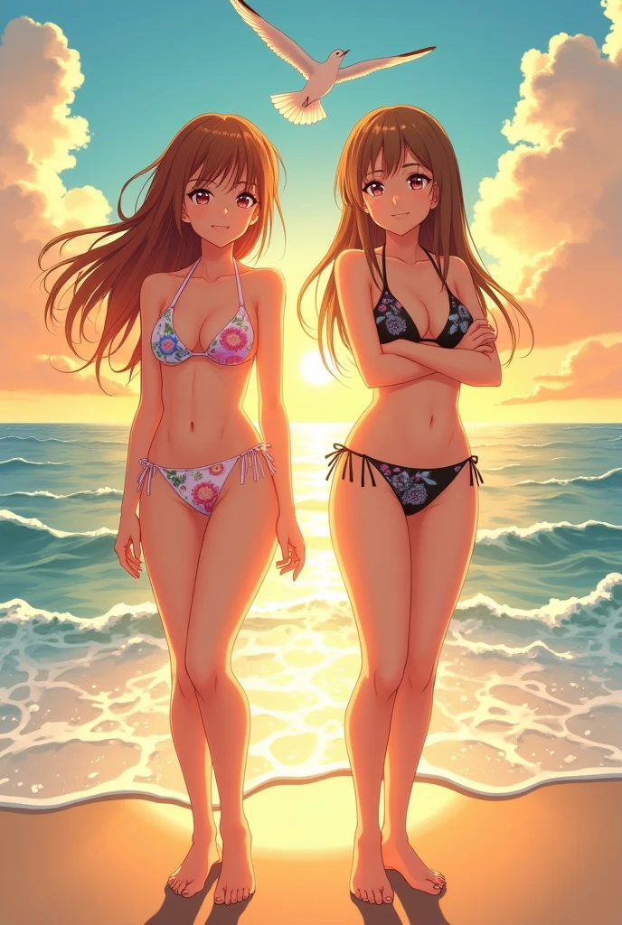 Two anime girls, one with a big ass and a bikini and the other with a full body nude 