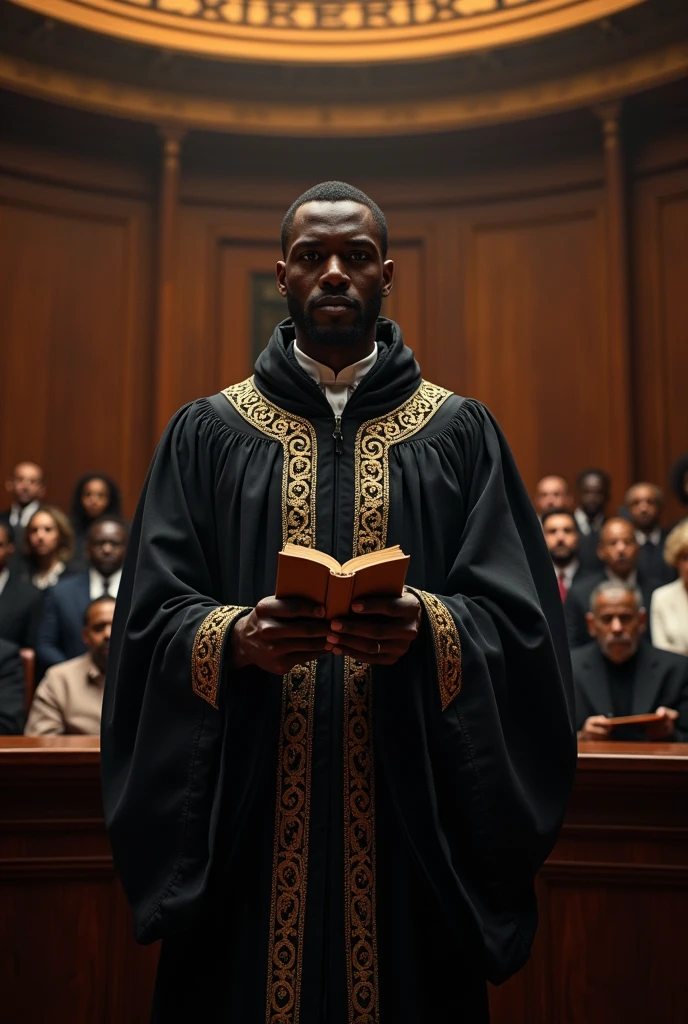 a black judge in a black robe with hood and gold details,holding a constitutional book,round room with people of different nationalities,photorealistic,studio lighting,ultra-detailed,highly detailed face and hands,dramatic lighting,cinematic composition,epic scale,intricate details,rich textures,moody atmosphere,chiaroscuro,dramatic shadows,warm color tones,golden accents,elegant and imposing presence