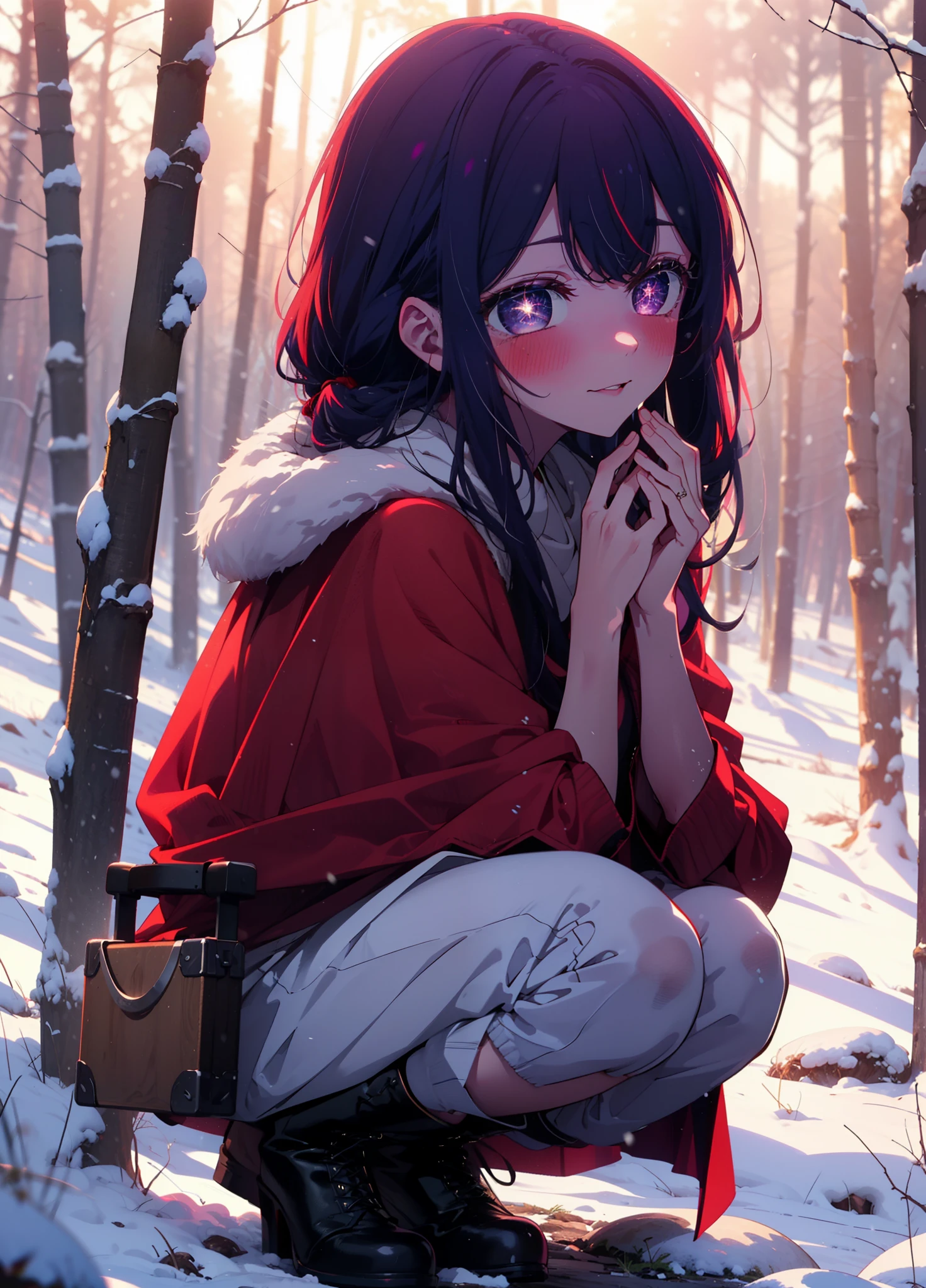 aihoshino, Ai Hoshino, Long Hair, bangs, (Purple eyes:1.1), Purple Hair, (Symbol-shaped pupil:1.5), smile,,smile,blush,white breath,
Open your mouth,snow,Ground bonfire, Outdoor, boots, snowing, From the side, wood, suitcase, Cape, Blurred, , forest, White handbag, nature, Squat, Mouth closed, Cape, winter, Written boundary depth, Black shoes, red Cape break looking at viewer, Upper Body, whole body, break Outdoor, forest, nature, break (masterpiece:1.2), Highest quality, High resolution, unity 8k wallpaper, (shape:0.8), (Beautiful and beautiful eyes:1.6), Highly detailed face, Perfect lighting, Extremely detailed CG, (Perfect hands, Perfect Anatomy),