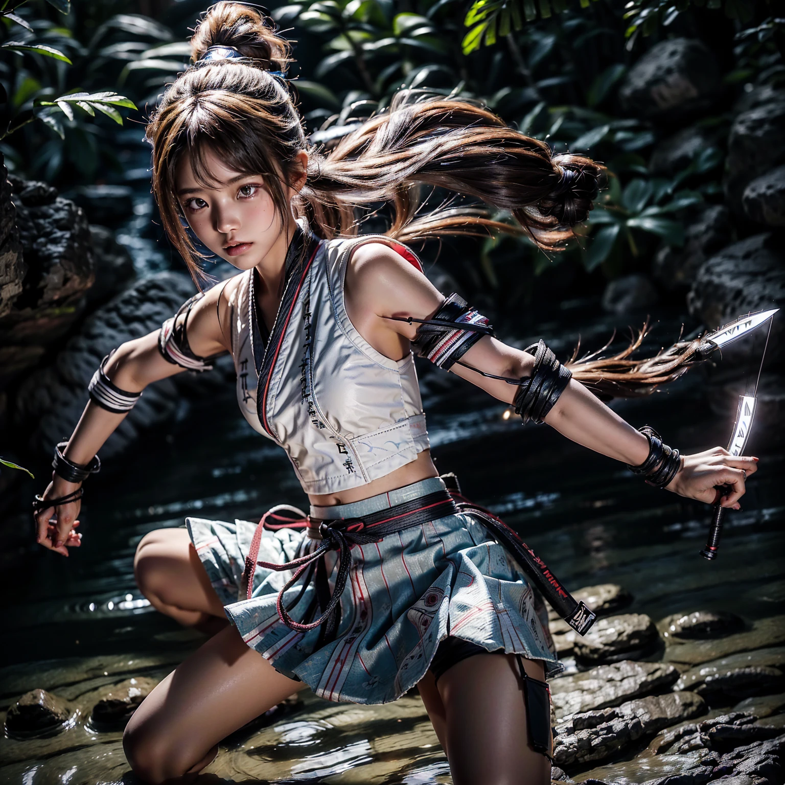 (Ultra HD, Highest quality, High resolution, Surreal, so beautiful), 24000dpi, Beautiful woman, high school girl, Long Tail, head band, Well-formed eyes, greatest visual acuity, 18-year-old, Fascinating, Totally American, Perfect body, Physical Beauty, ((Japanese Sailor Suit:1.3, Seraphim, Japanese style mini skirt)), (((all, electric japanese knife, Ancient Scabbard))), (Blue Lightning), Charge Move, ((Special Move Position)), All-in-one, Absurd, (((Anatomically correct))), whole body