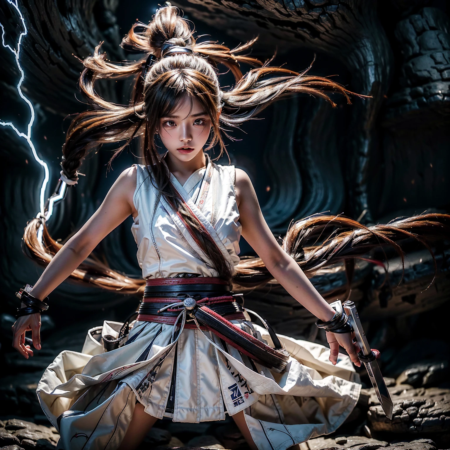 (Ultra HD, Highest quality, High resolution, Surreal, so beautiful), 24000dpi, Beautiful woman, high school girl, Long Tail, head band, Well-formed eyes, greatest visual acuity, 18-year-old, Fascinating, Totally American, Perfect body, Physical Beauty, ((Japanese Sailor Suit:1.3, Seraphim, Japanese style mini skirt)), (((all, electric japanese knife, Ancient Scabbard))), (Blue Lightning), Charge Move, ((Special Move Position)), All-in-one, Absurd, (((Anatomically correct))), whole body