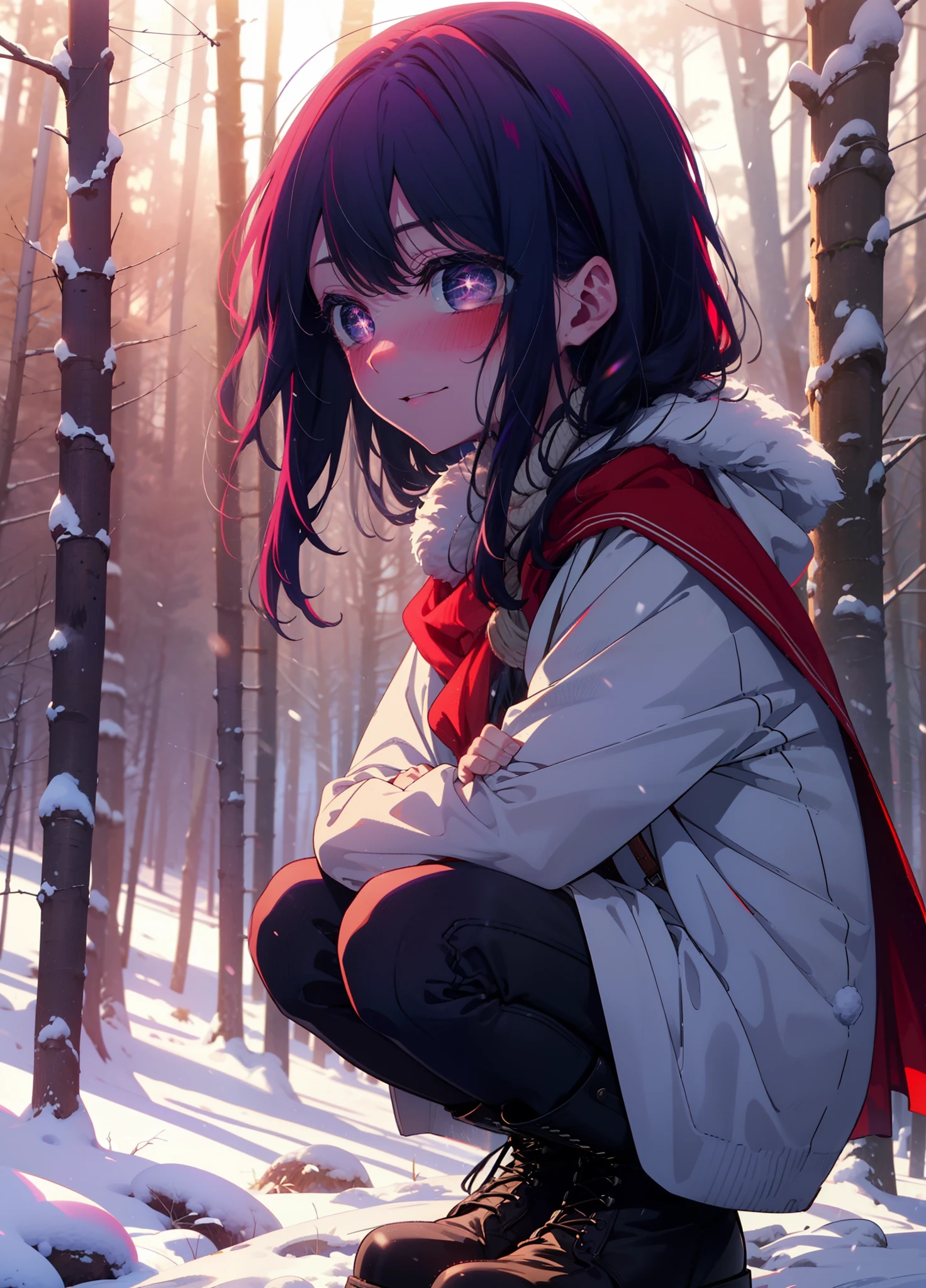 aihoshino, Ai Hoshino, Long Hair, bangs, (Purple eyes:1.1), Purple Hair, (Symbol-shaped pupil:1.5), smile,,smile,blush,white breath,
Open your mouth,snow,Ground bonfire, Outdoor, boots, snowing, From the side, wood, suitcase, Cape, Blurred, , forest, White handbag, nature, Squat, Mouth closed, Cape, winter, Written boundary depth, Black shoes, red Cape break looking at viewer, Upper Body, whole body, break Outdoor, forest, nature, break (masterpiece:1.2), Highest quality, High resolution, unity 8k wallpaper, (shape:0.8), (Beautiful and beautiful eyes:1.6), Highly detailed face, Perfect lighting, Extremely detailed CG, (Perfect hands, Perfect Anatomy),