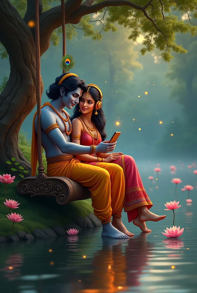Krishna and Radha sit on the swing on the wall by the river holding the phone in their hands and listening to music on headphones. Krishna also has a peacock feather on his head