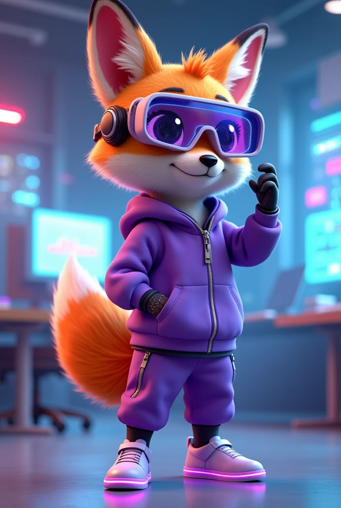 Create a 3D Disney Pixar style young fox named Fluffy, with a modern and technological look. She should have vibrant orange fur with white spots on her belly and paws., with big, expressive eyes and cute ears. Fluffy must be completely visible, with a technological and stylized look:
vestimentas:
A plain purple hoodie with no prints, com um design elegante e minimalista. The hoodie should have a modern fit, slightly oversized, and a hood that adds a touch of style.
Coordinating purple jogger pants, also without prints and with a modern and comfortable finish, with subtle details like discreet zippers or pockets.
Accessories to be included:
Augmented reality glasses (midair) with a futuristic design and holographic lenses.
A state-of-the-art smartwatch with an interactive display and a stylish wristband.
Wireless headphones with a sleek, modern design, possibly with subtle LED lighting.
A futuristically designed tablet or handheld device, that Fofinha may be holding or using.
Sneakers with LED or holographic details, that light up or change color.
Cute must be in a complete and dynamic pose, talvez ajustando os óculos midair ou interagindo com o tablet. The background should be a technological and futuristic environment, like a modern office with digital panels and LED lighting, or a creative, high-tech space, which complements the fox's young and technological style.