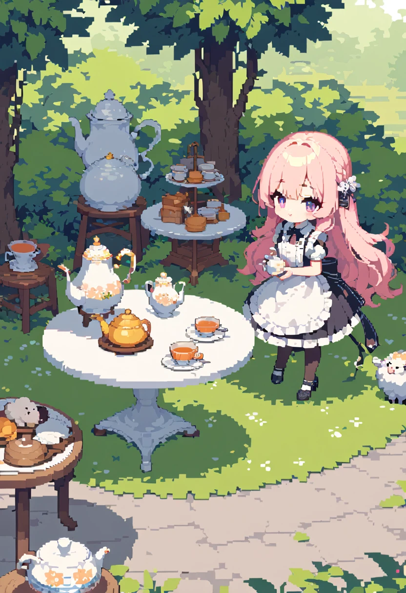 masterpiece, Highest quality, 8k, Beautiful pixel art, Vivid, Sheep, young woman, Open your mouth, ((Fluffy hair)), Long Hair, Hair like sheep's hair, Pink Hair, eyebrow, 太いeyebrow大きな目の人形1体，Maid clothes，pantyhose，Heel, garden, Stylish white round table, Teapot, Tea utensils, On the table, Brewing tea