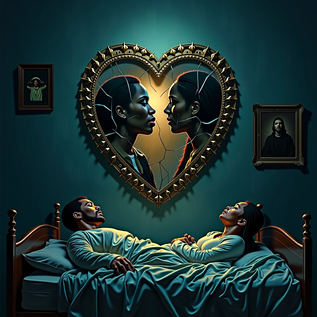 "Create a moody and evocative album cover for a reggae song, capturing the duality and complexity of love. The cover must include:

center image: A broken or cracked mirror, reflecting a person (or two) with expressions of love and sadness, symbolizing the reflection and contrast between true love and lies.
Heartbroken: A broken heart in a dramatic and worn style, representing pain and pride. The heart may be surrounded by shadows or a dark aura.
night scenery: A night scene with an unmade bed and a person lying down, looking at the ceiling, to evoke solitude and introspection. Add a nearby mirror or a portrait on the wall.
surrealist style: Incorporate surreal elements, like a mirror reflecting a different image of reality, or a dream scenario, to capture the difference between the appearance of love and the painful reality.
Paleta de cores: Use dark and cool tones (cerulean, gris, blackw) combined with touches of warm or metallic colors (doradas, bronze) to reflect melancholy and pride.
Reggae Elements: Add patterns or symbols associated with reggae, but keep the overall design dark in tone to reflect the melancholic nature of the lyrics.
Art should convey a sense of deep reflection and emotional pain., with a touch of reggae style."