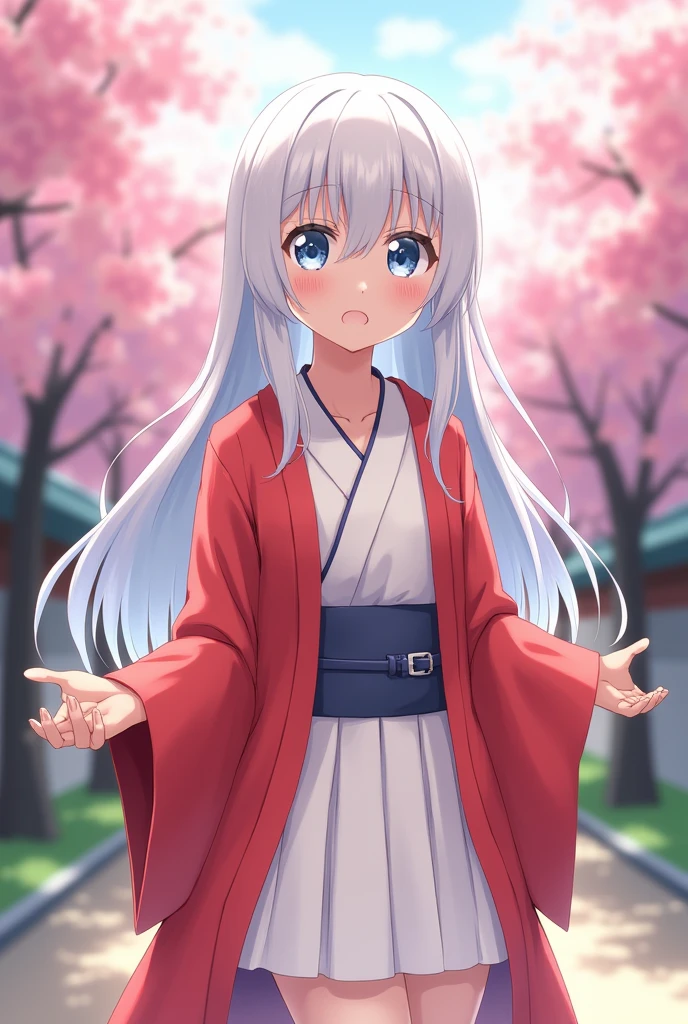 Cute girl she wearing light red haori and white uniform white long hair blue eyes huge boobs