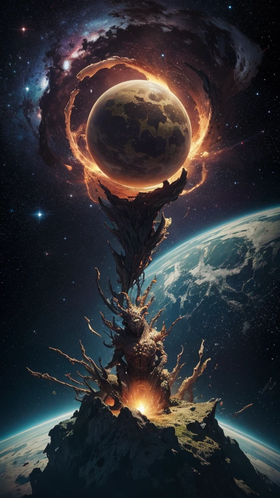 a grotesque creature creates the universe, matter, Space & Time