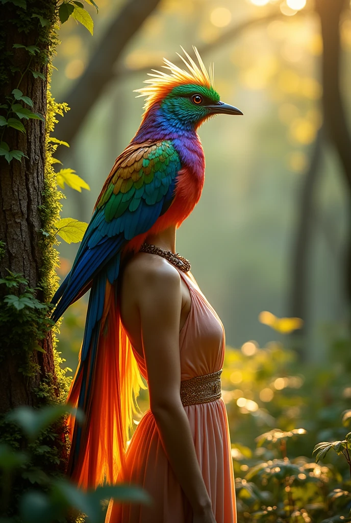 A bird with feathers of different colors sings on a golden tree in the middle of the forest. As the bird sings, its feathers change color, and it transforms into a beautiful woman.