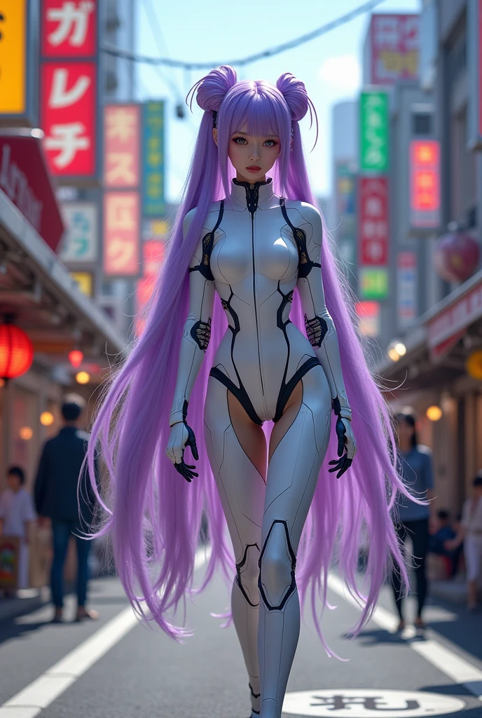 Fullbody, very very long hair purple  a woman dressed in a white and purple outfit, rei hiroe, beautiful android woman, kai'sa, female mecha, as a retro futuristic heroine, rinko kawaichi, kusanagi, hiyao miyazaki, as a retrofuturistic heroine, kaguya ōtsutsuki, still from tv anime, ayaka cosplay, japanese lightning goddess, pose random, skirt,  background street city japan, walking