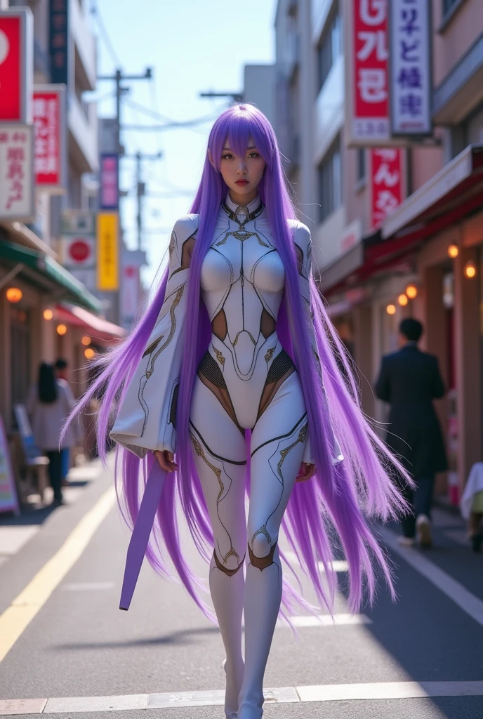 Fullbody, very very long hair purple  a woman dressed in a white and purple outfit, rei hiroe, beautiful android woman, kai'sa, female mecha, as a retro futuristic heroine, rinko kawaichi, kusanagi, hiyao miyazaki, as a retrofuturistic heroine, kaguya ōtsutsuki, still from tv anime, ayaka cosplay, japanese lightning goddess, pose random, skirt,  background street city japan, walking