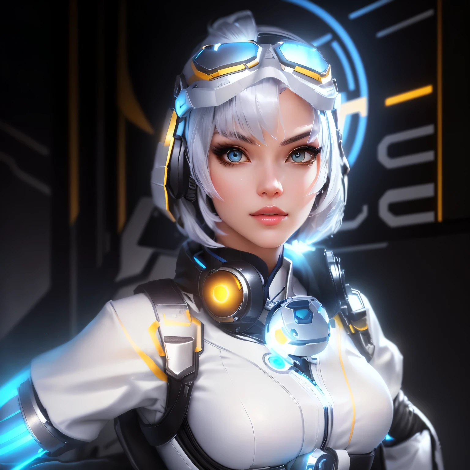 a woman in a white and gold outfit with goggles, overwatch character, katana zero video game character, echo of surveillance, as an overwatch character, as overwatch character, Overwatch skin, of surveillance, inspirado em overwatch, female character, cyborg - girl with silver hair, mechanized valkyrie girl, artgerm ; motor 3d irreal, surveillance project, valkyrie style character