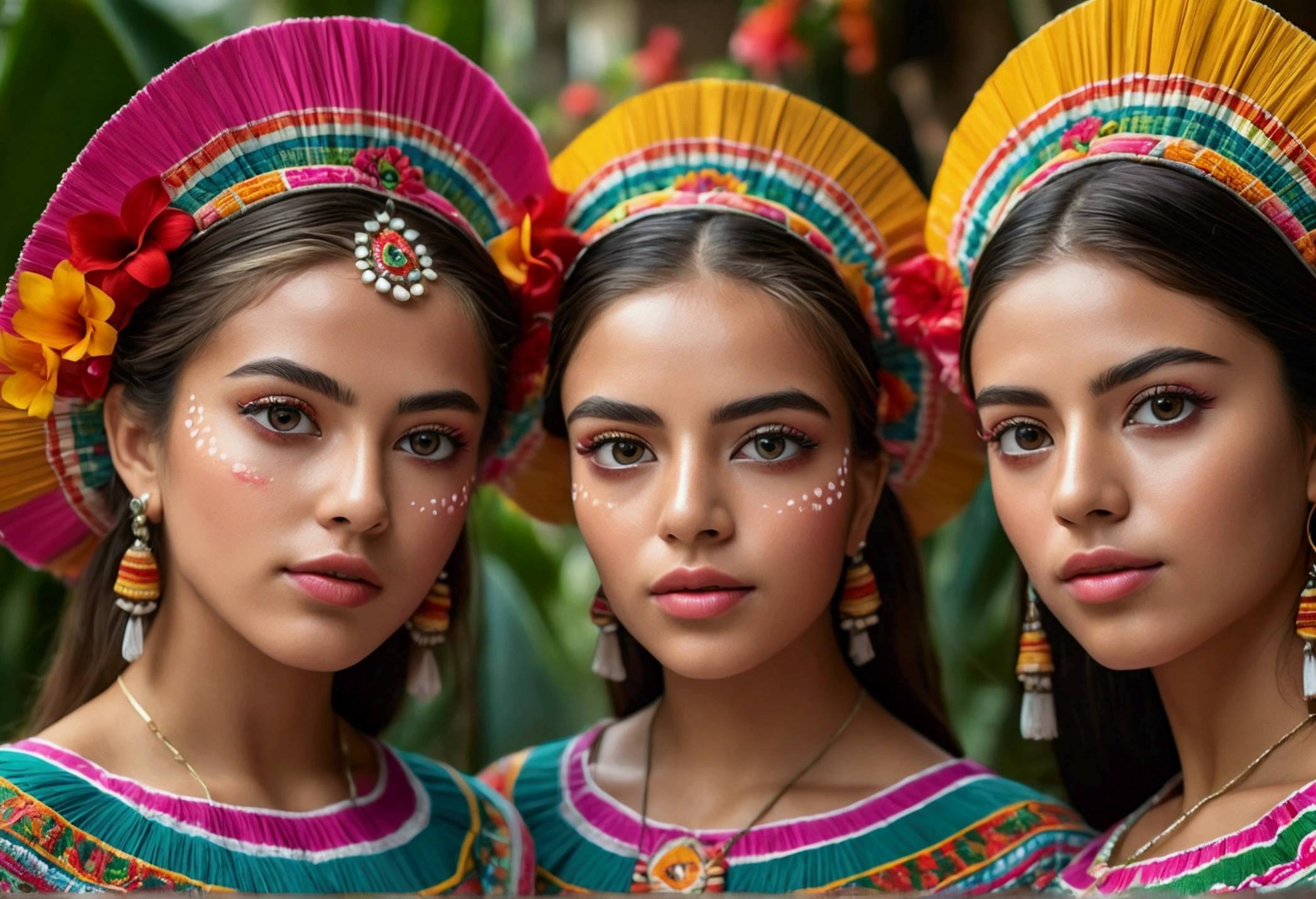 4 beautiful mexico girls, beautiful detailed eyes, beautiful detailed lips, extremely detailed eyes and face, long eyelashes, athletic athletic bodies, colorful traditional mexico dresses, tropical garden background, (best quality,4k,8k,highres,masterpiece:1.2),ultra-detailed,(realistic,photorealistic,photo-realistic:1.37),vibrant colors,natural lighting,cinematic composition,intricate details,highly detailed facial features