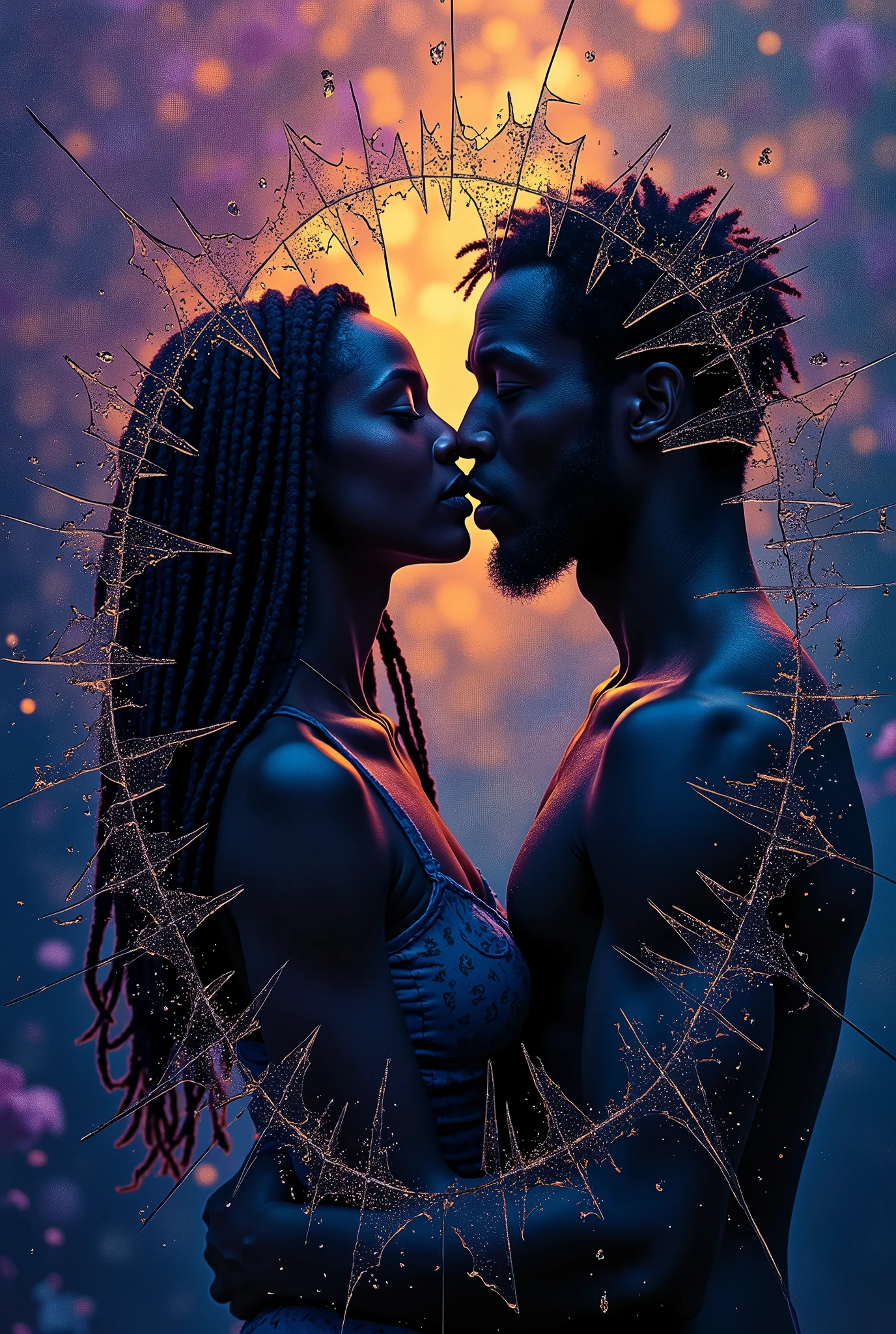 "Create a moody and evocative album cover for a reggae song, capturing the duality and complexity of love. The cover must include:

center image: A broken or cracked mirror, reflecting a person (or two) with expressions of love and sadness, symbolizing the reflection and contrast between true love and lies.